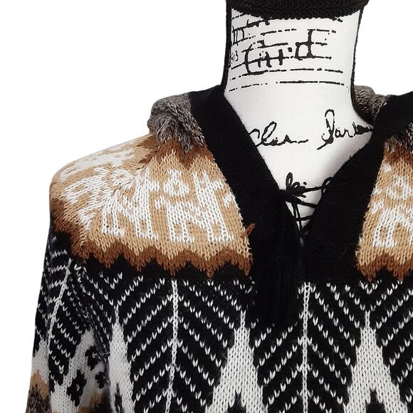 Vintage Peruvian Alpaca Sweater Hooded Pullover Aztec Black Nordic Fair Isle - Picture 4 of 10